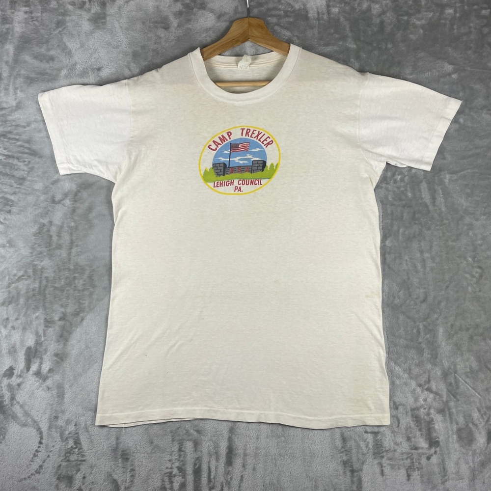 Vintage 60s Boy Scouts of America T Shirt Mens L White Camp Water Print True VTG